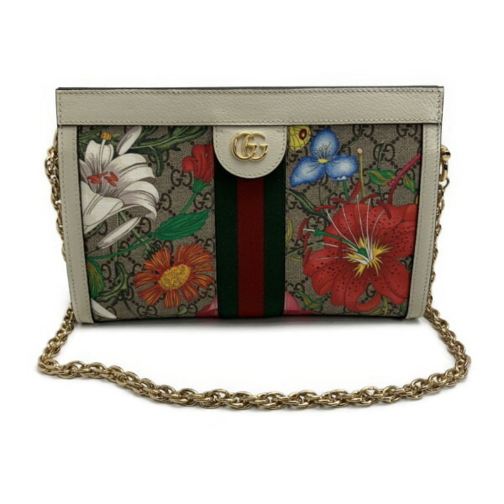 Gucci Chain Shoulder Bag GG Supreme Leather Beige Off White Floral Flower